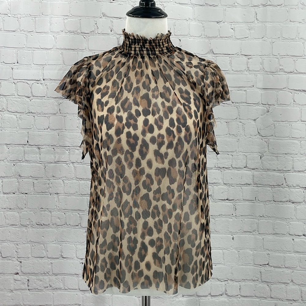 1. State Ruffle Sleeve Sheer Mesh See Through Leopard Print High Neck Top Medium